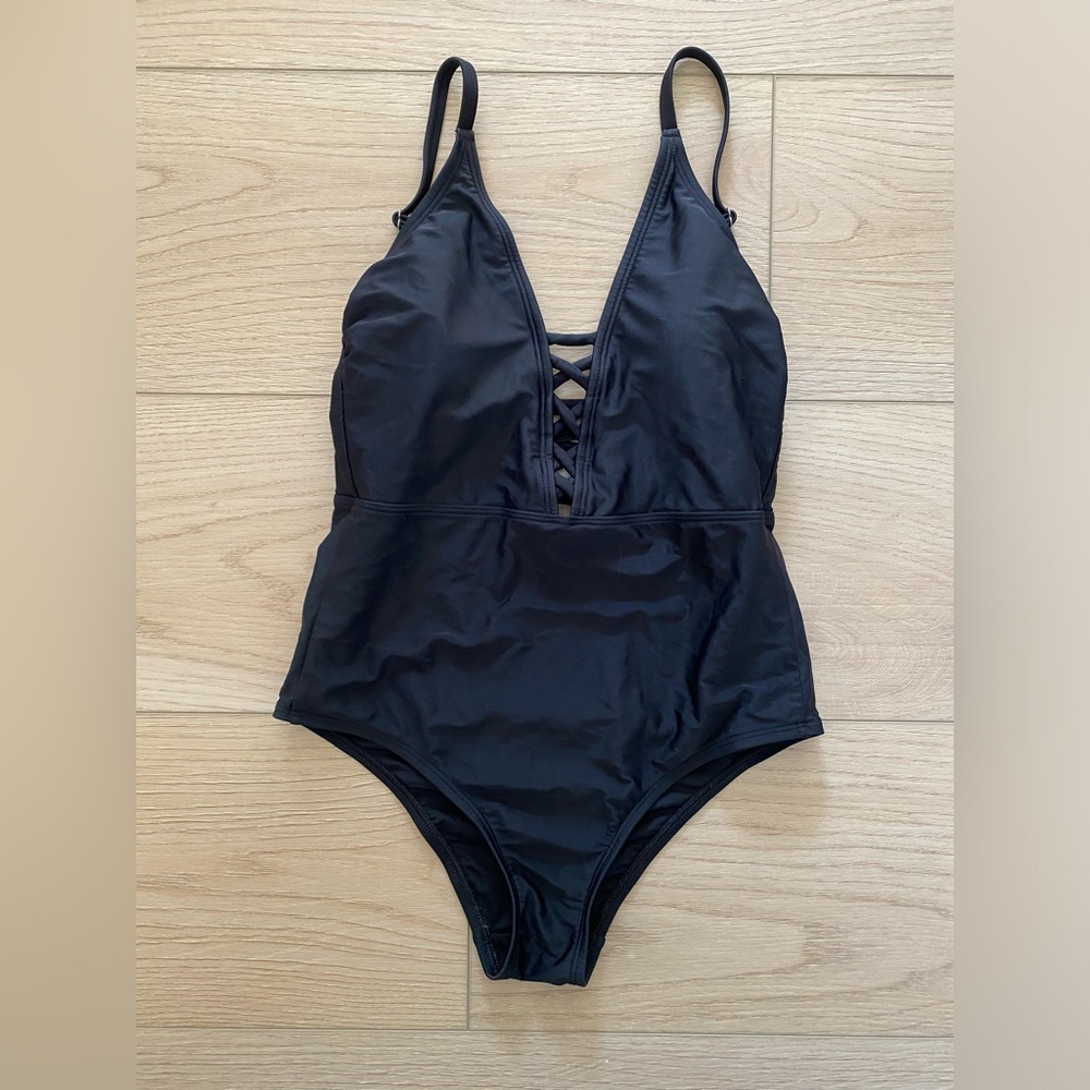 Kona Sol Black One-Piece Swimsuit with Lace-Up Front